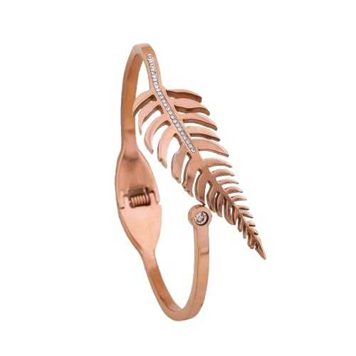 Rose gold feather leaf kada bracelet with rhinestone border and round charm