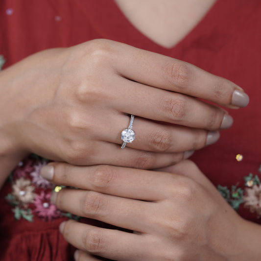 Silver crystal pavé solitaire ring on hand