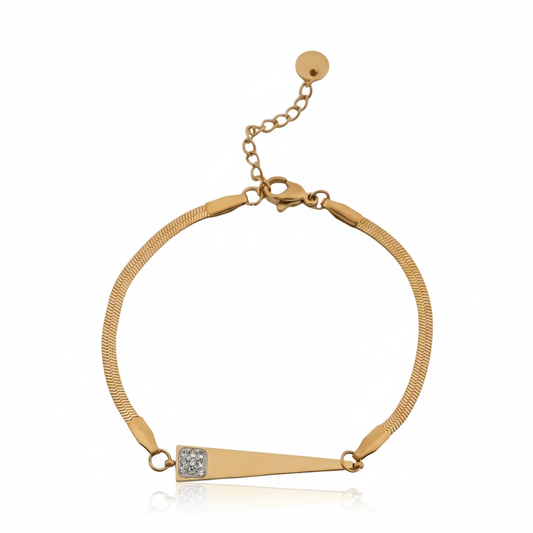 Gold-tone snake charm bracelet with hinged clasp and bar charm with rhinestone square