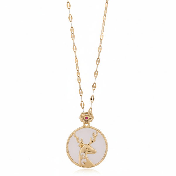 Gold-tone deer medallion pendant necklace with long chain and round enamel pendant