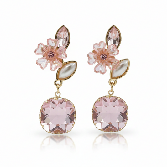 Blush drop earrings with pink flower charms and faceted cushion-stone dangles
