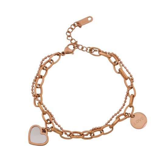 Gold-tone charm bracelet with linked chain, heart charms, and circular tags