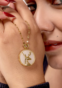 Stag Gold Ivory Enamel Deer Medallion Pendant Necklace