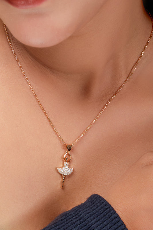 Rose gold ballerina pendant necklace with CZ-studded ballerina charm on chain