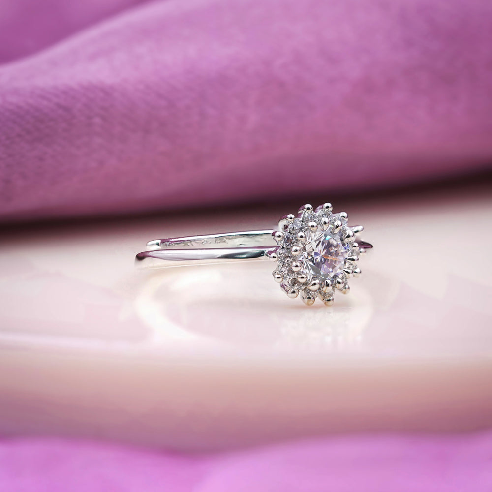 Zarina Bloom – Silver Starburst Halo Solitaire Crystal Ring for Women