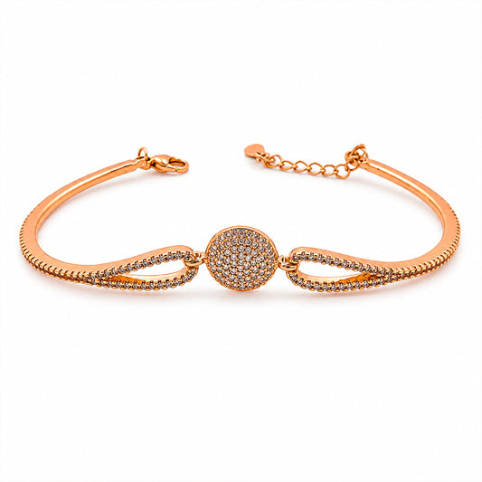Rose gold CZ pavé disc medallion bangle bracelet with chain-link accents