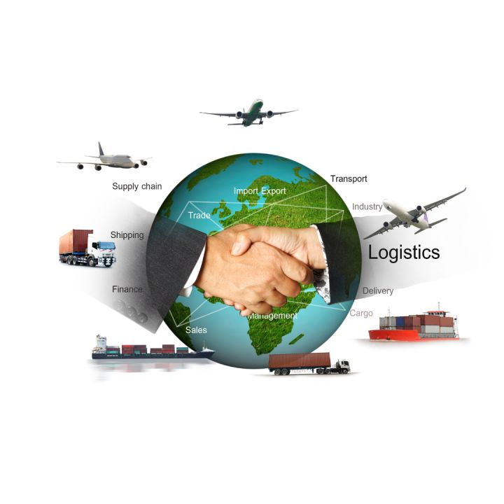 Logistics and supply chain concept graphic featuring a central globe with a handshake, surrounded by illustrated airplanes, trucks, a cargo ship, and labels such as supply chain, shipping, finance, transport, industry, delivery, cargo, and logistics on a white background.