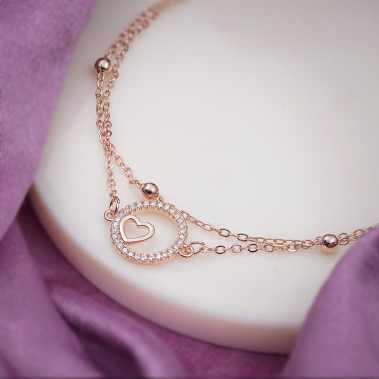 Rose gold round heart pendant anklet with crystal trim and chain links