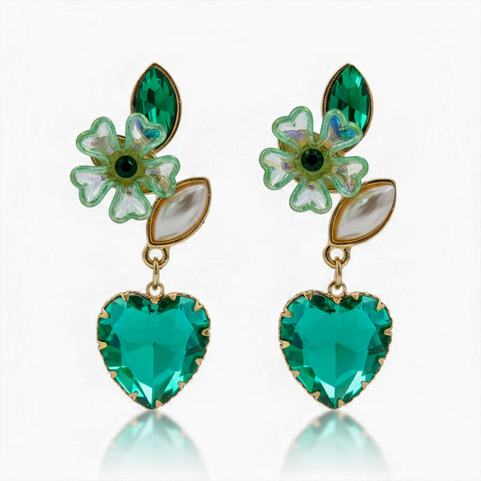 Heart-shaped emerald drop earrings with green flower and crystal teardrop details, gold hooks