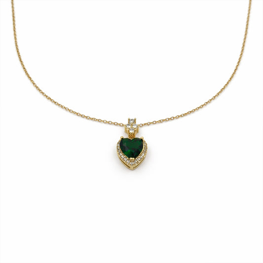 Gold crystal halo heart pendant necklace with emerald green center stone