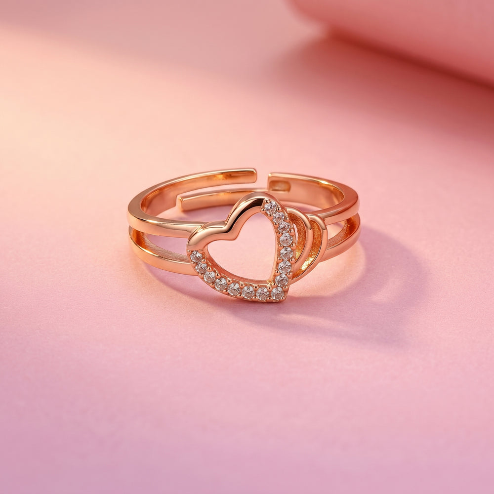 Open Heart Rose Gold CZ Double Band Adjustable Ring