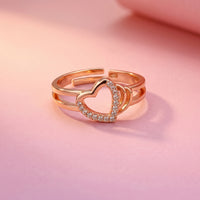Open Heart Rose Gold CZ Double Band Adjustable Ring