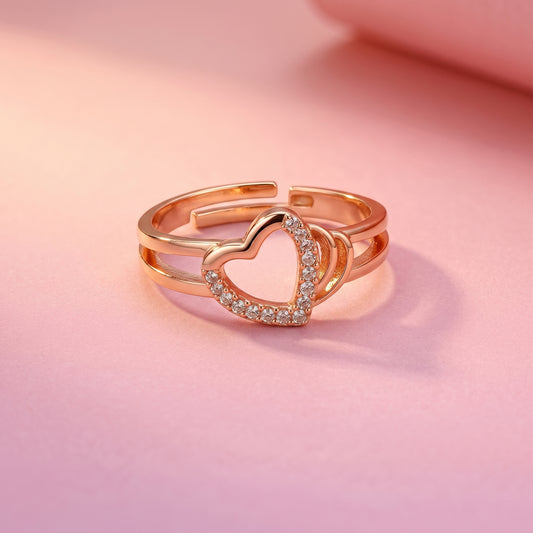 Rose gold adjustable double-band heart ring with CZ stones