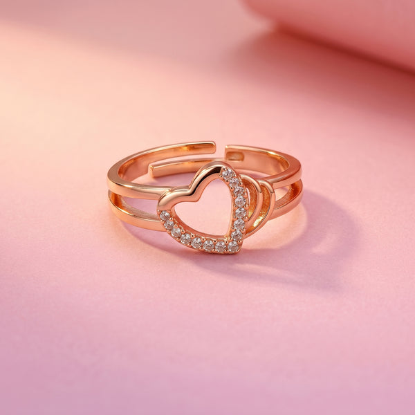Open Heart Rose Gold CZ Double Band Adjustable Ring