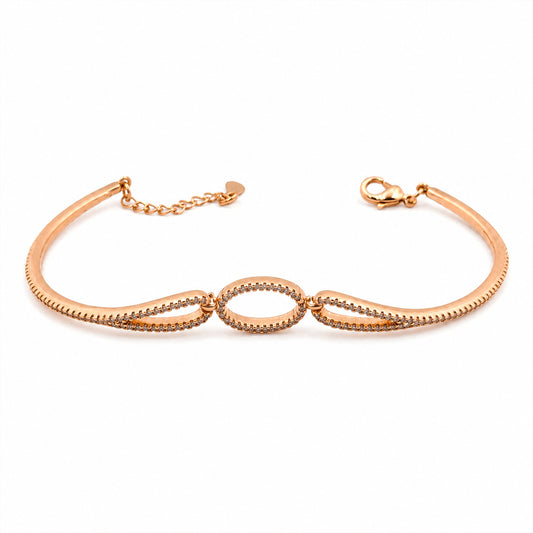 Rose gold CZ open oval link bangle bracelet with three oval, tennis-set stone links
