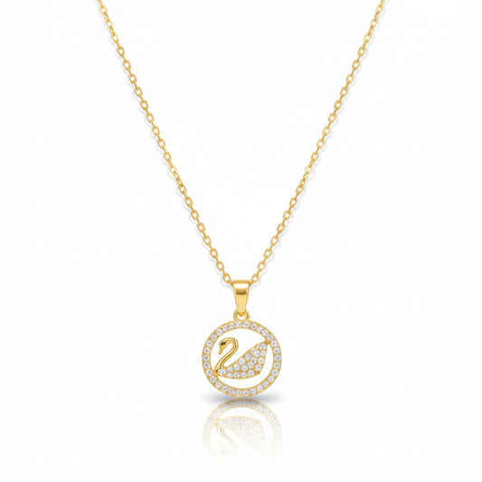 Gold CZ swan medallion pendant necklace with round pavé pendant