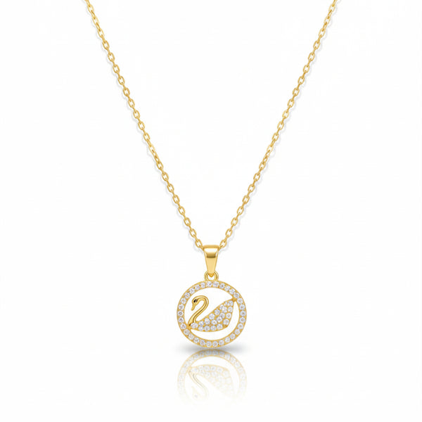 Gold CZ swan medallion pendant necklace with round pavé pendant