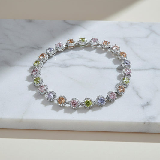 Multicolor round gemstone halo tennis bracelet with silver prong settings and clasp