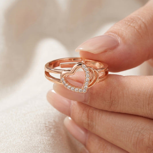 Rose gold CZ double band adjustable ring with open heart design