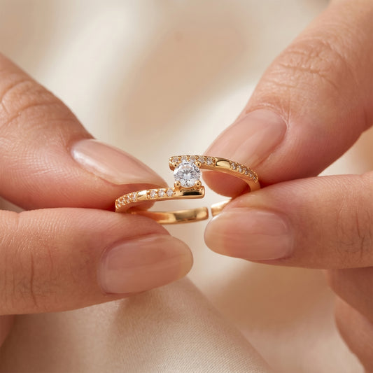 Soleil gold CZ bypass pavé adjustable ring with round center stone
