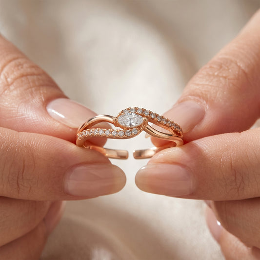 Rose gold adjustable wave ring with marquise and round CZ stones