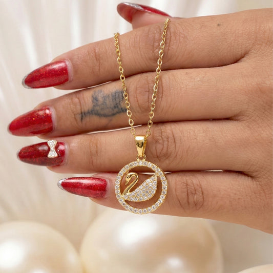 Gold CZ swan medallion pendant necklace with round pavé charm