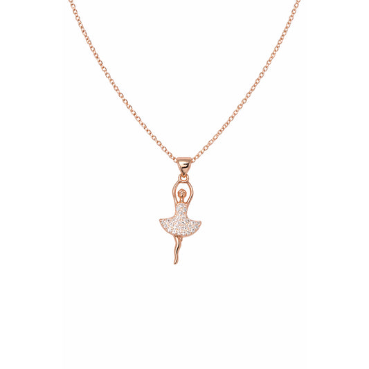 Rose gold ballerina pendant necklace featuring CZ-studded ballerina charm
