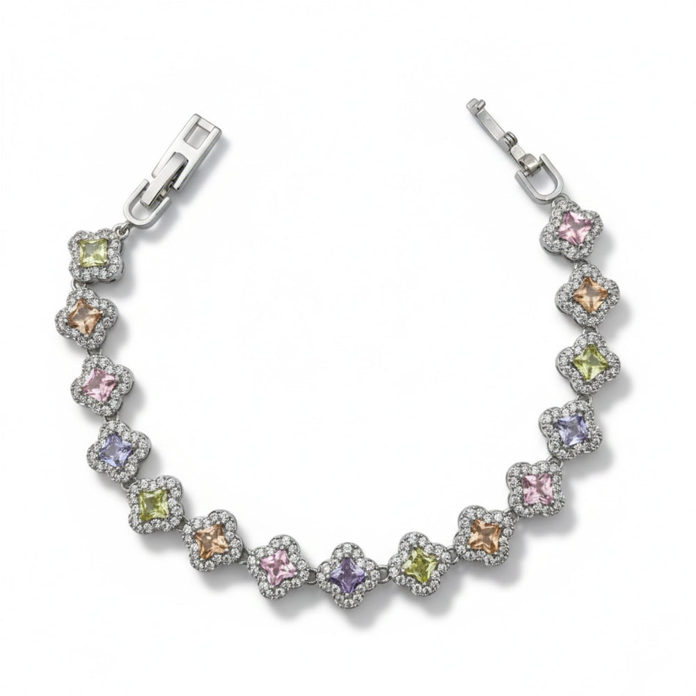 Pastel Clover Tennis Bracelet in Silver Tone