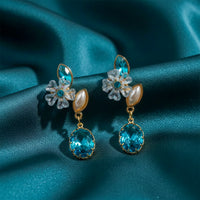Teal Blossom Oval Drop Earrings for Women