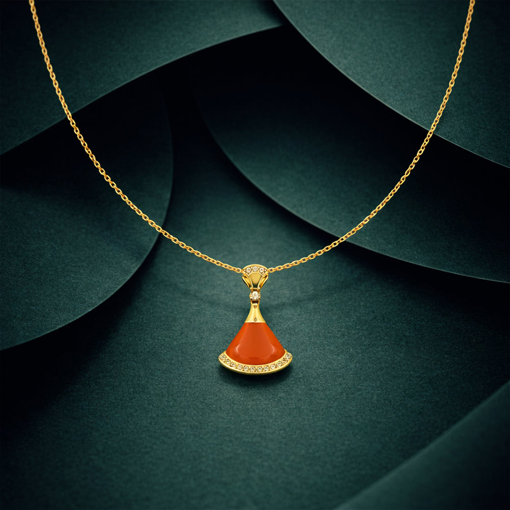 Coral Fan – Gold Coral Stone Crystal Arc Pendant Necklace for Women