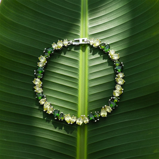 Green and light green gemstone bead bracelet with silver bar clasp