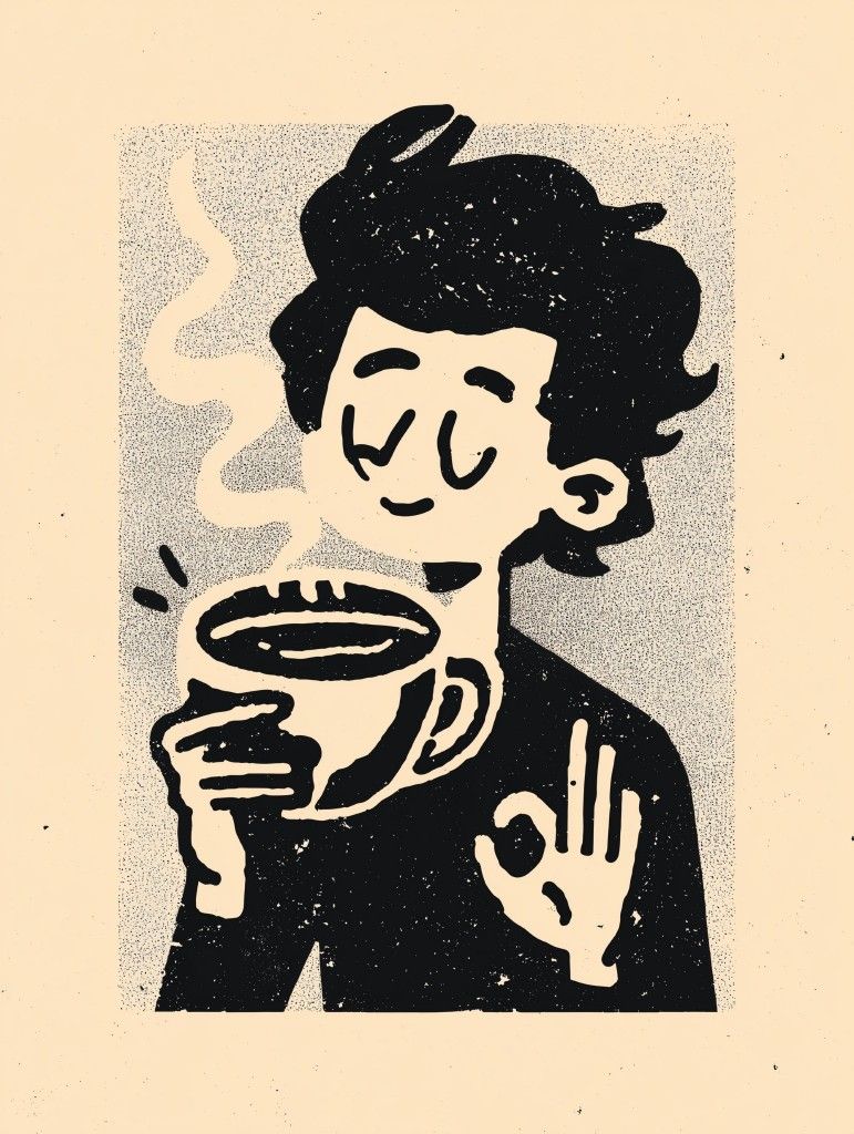 A stylized graphic illustration of a person holding a steaming mug, rendered in black and off-white with a textured, print-like appearance on a warm beige background.