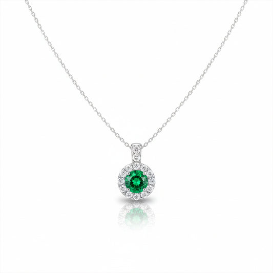 Silver-tone necklace with round green center crystal and sparkling halo pendant