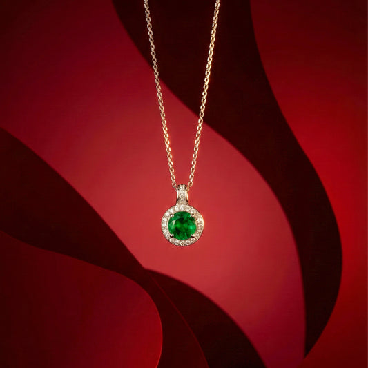 Rose gold necklace with round green halo crystal pendant and slender chain