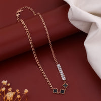 Clover Noir Rose Gold Curb Chain Black Clover Baguette CZ Bar Necklace