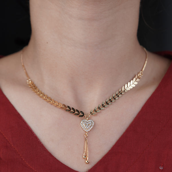 Yama – Gold Wheat Chain CZ Heart Tassel Pendant Necklace