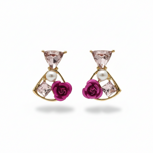 Rose crystal drop earrings with gold-tone triangle frame, pink rose, pearls and clear gems