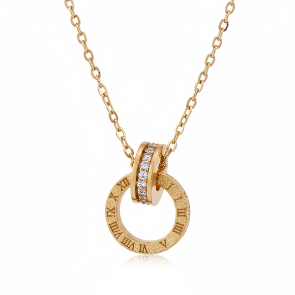 Gold Roman numeral circle CZ pendant necklace with pave crystal band detail