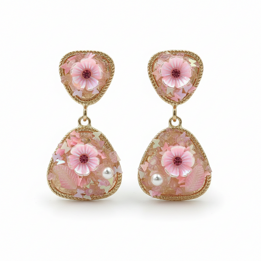 Gold-tone drop earrings with pink flower studs, hanging heart charms, faux pearl