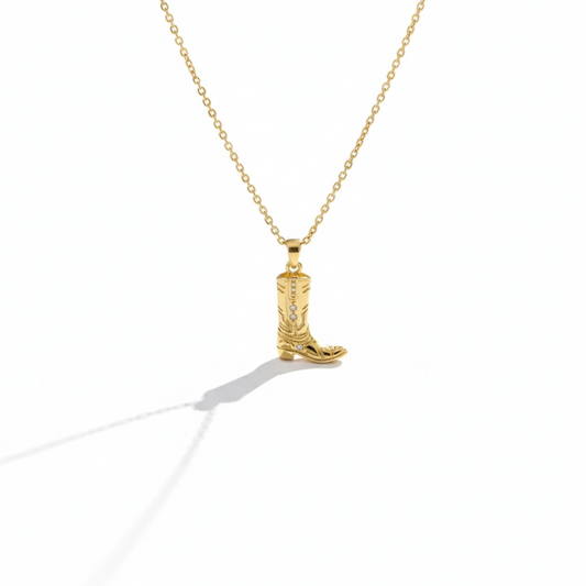 Gold-tone cowboy boot charm pendant necklace with thin chain