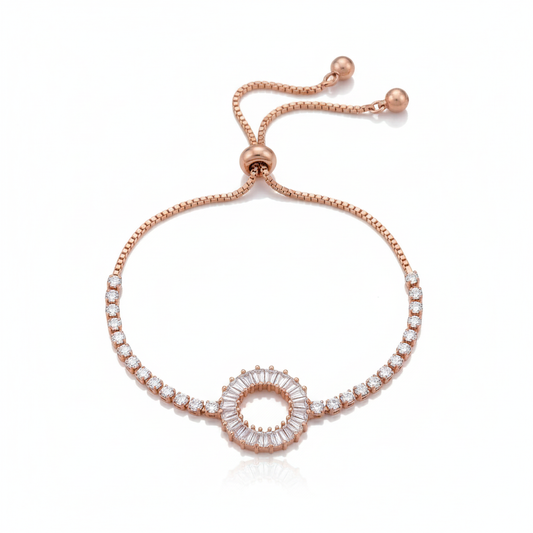 Adjustable rose-gold round tennis bracelet with circular rhinestone center