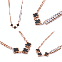 Clover Noir Rose Gold Curb Chain Black Clover Baguette CZ Bar Necklace