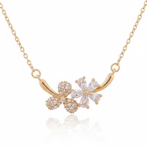 Purvi Gold CZ Pavé Double Blossom Flower Pendant Necklace