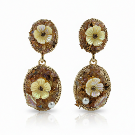 Amber drop earrings: oval amber floral settings, gold-tone hoops, white pearl dangles