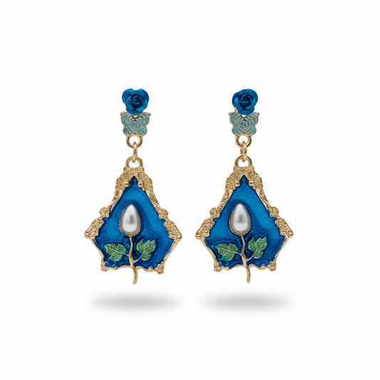 Blue enamel panel drop earrings with rose tops, faux-pearl drops and gold-tone frames