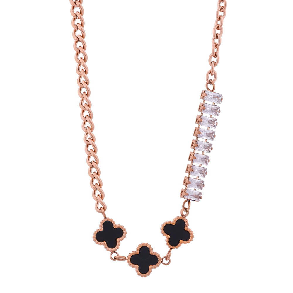 Clover Noir Rose Gold Curb Chain Black Clover Baguette CZ Bar Necklace