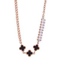 Clover Noir Rose Gold Curb Chain Black Clover Baguette CZ Bar Necklace