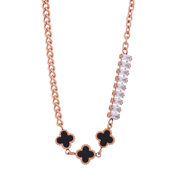Rose-gold curb chain necklace with three black clover charms and CZ baguette bar