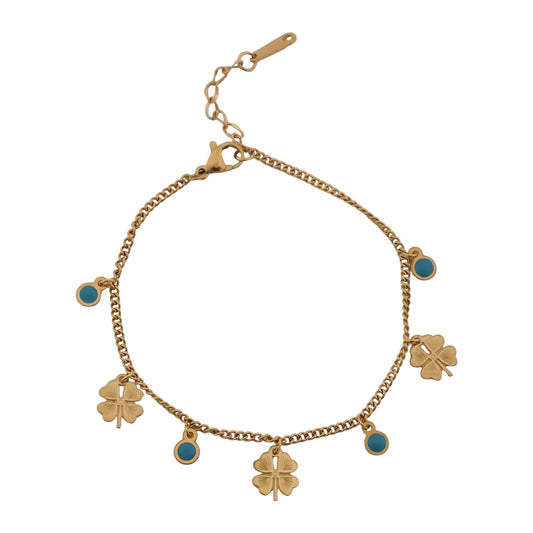 Gold-tone charm bracelet with clover and blue enamel round beads, adjustable clasp