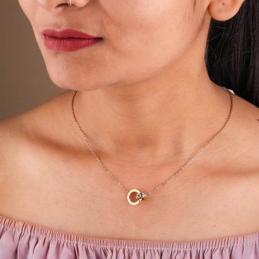 Gold Roman numeral circle CZ pendant necklace with interlocked round pendant